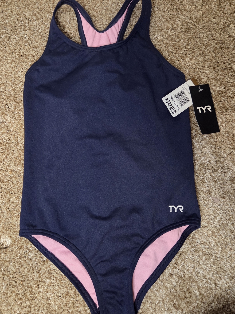 TYR Girls Navy One-Piece Swimsuit with Pink Lining